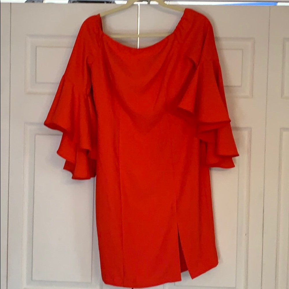 Red Off the Shoulder Bell Sleeve Dress